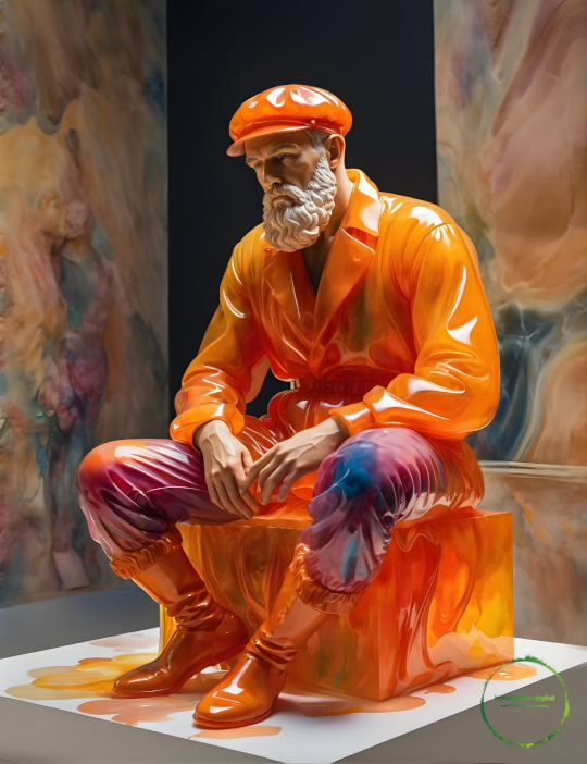 Sculpture en résine orange d'un vieil homme alt="image digital d'une toile numérique d'une sculpture en résine d'un vieil homme"